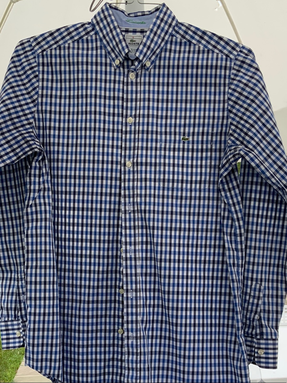 Lacoste Men's Navy/Blue and White Gingham Button-Down Shirt